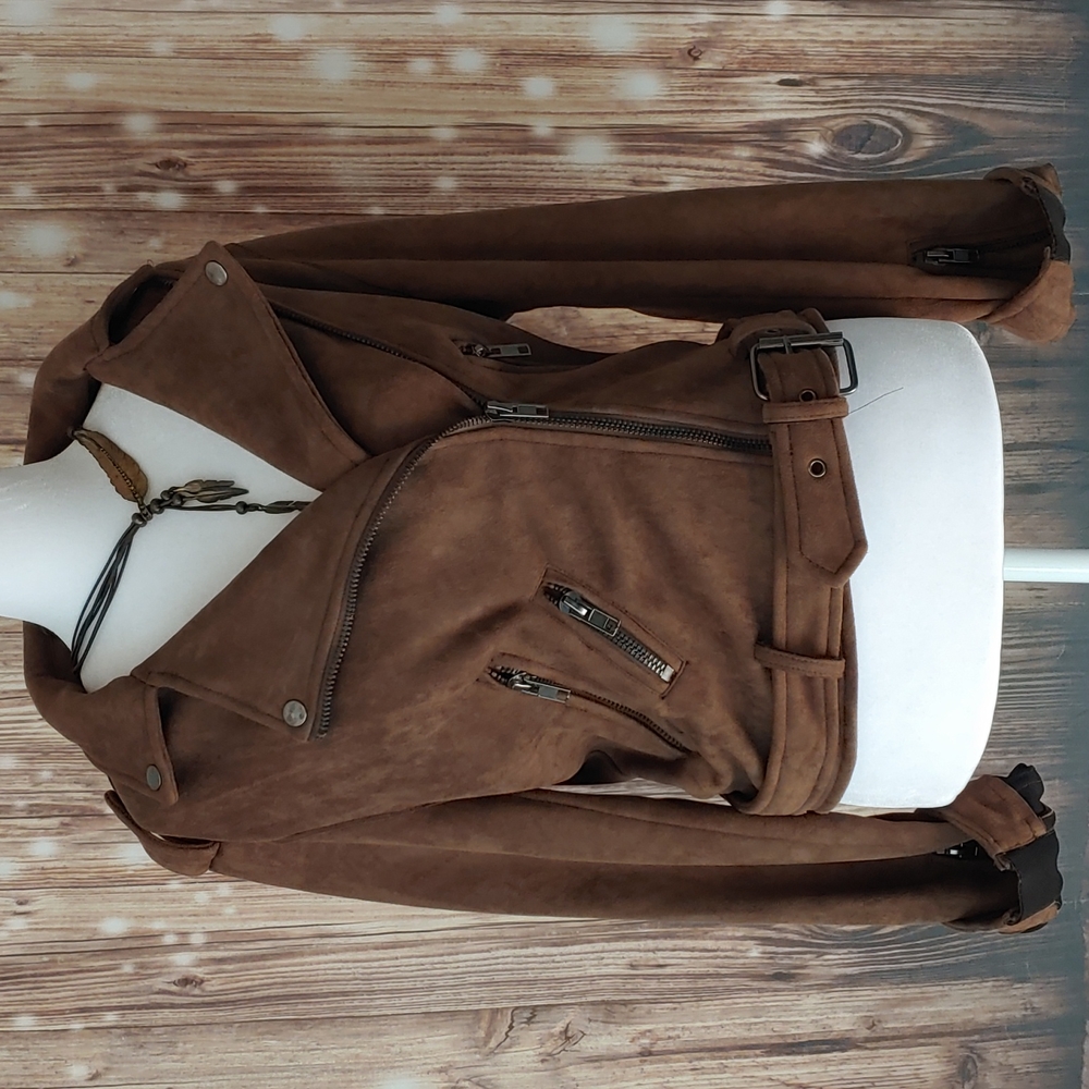 LUSH brown asymmetrical moto cropped jacket size medium